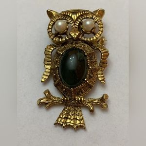 1970's Owl Brooch & Pendant, Gold Tone, Nephrite Jade Cabochon, Faux Pearl Eyes